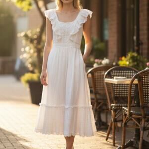 Vintage Gunne Sax Jessica McClintock Ivory Ruffle Lace Boho Cottage Midi Dress